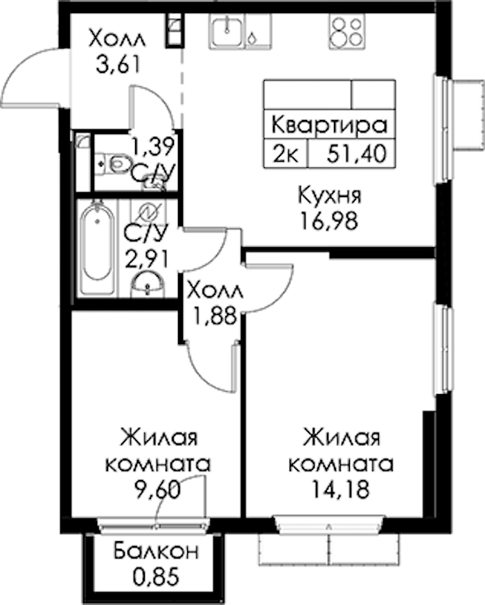 2-комнатная квартира 51.4 м², 3/15 эт., ЖК «Янинский лес»
